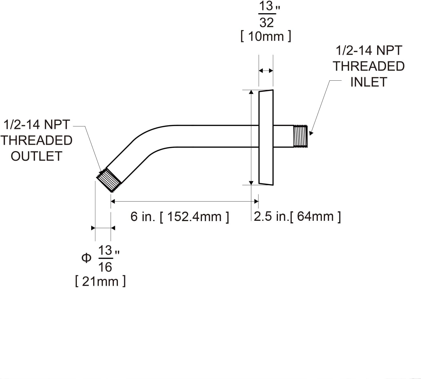 Shower Arm with Flange, 6 in Wall Mount Replacement Angle Shower Head Arm Wall-Mounted For Fixed Shower Head V1258-DP02-B-644