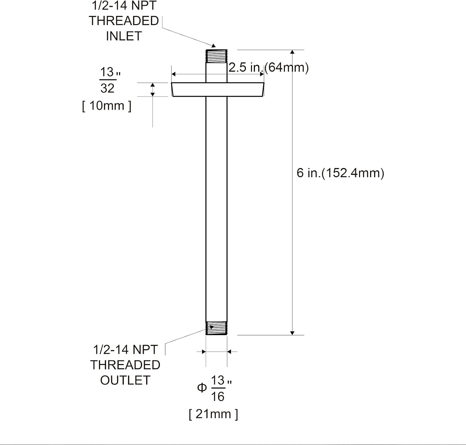 Shower Arm with Flange, 6 in Ceiling Mount Replacement Rain Shower Head Straight Arm Ceiling-Mounted For V1258-DP02-B-646