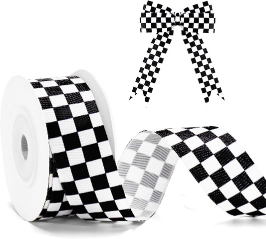 Black and White Checkered Ribbon - Racing Car Theme Black Grosgrain Buffalo Plaid Ribbon for Gift Wrapping, 1 V1258-DP02-B-663