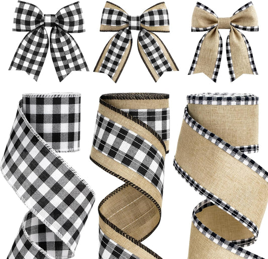 Buffalo Plaid Ribbon Wired - 3 Rolls 2.5'' x 18 Yards, Burlap Black and White Plaid Ribbons for Crafts, V1258-DP02-B-664