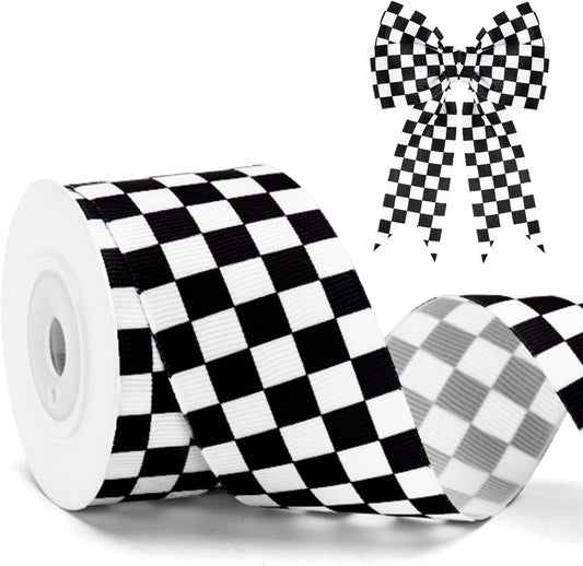Black and White Checkered Ribbon - Racing Car Theme Black Grosgrain Buffalo Plaid Ribbon for Gift Wrapping, V1258-DP02-B-668