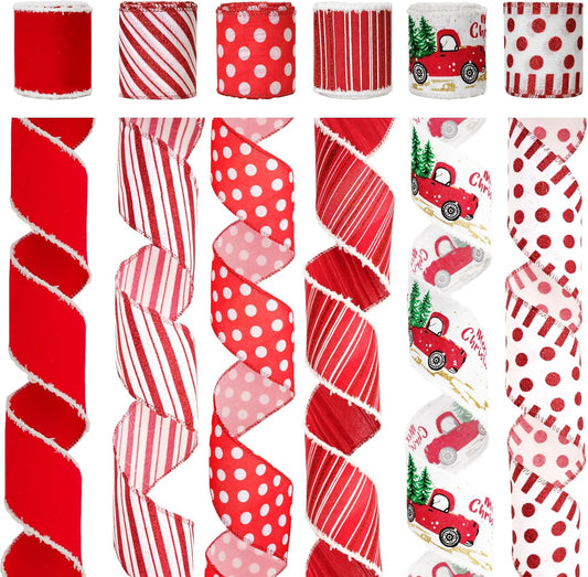 Christmas Ribbon Wired 2.5" x 30 Yards Red and White Ribbon for Christmas Tree Ribbon 6 Rolls Red White Wired V1258-DP02-B-673