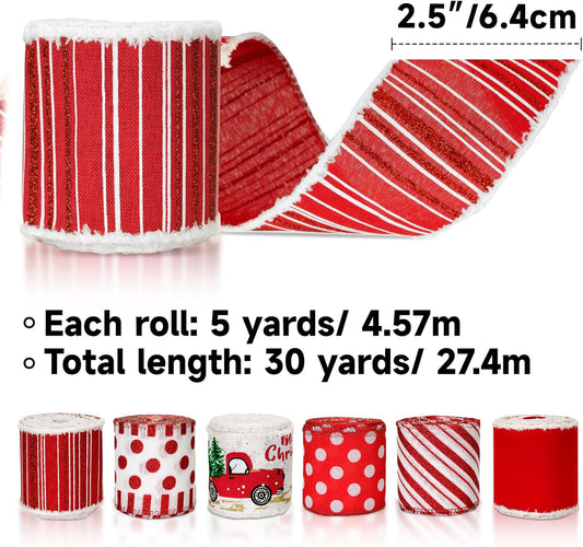 Christmas Ribbon Wired 2.5" x 30 Yards Red and White Ribbon for Christmas Tree Ribbon 6 Rolls Red White Wired V1258-DP02-B-673