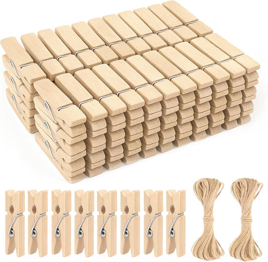 Mini Clothespins Wooden - Small Clothes Pins for Crafts 1.4 Inch,50 Pcs Natural Clothespins Clips with Jute V1258-DP02-B-684