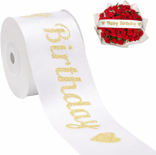 White Glitter Happy Birthday Ribbon - 2'' x 10 Yards Happy Birthday Satin Ribbon with Gold Print for Flower V1258-DP02-B-696