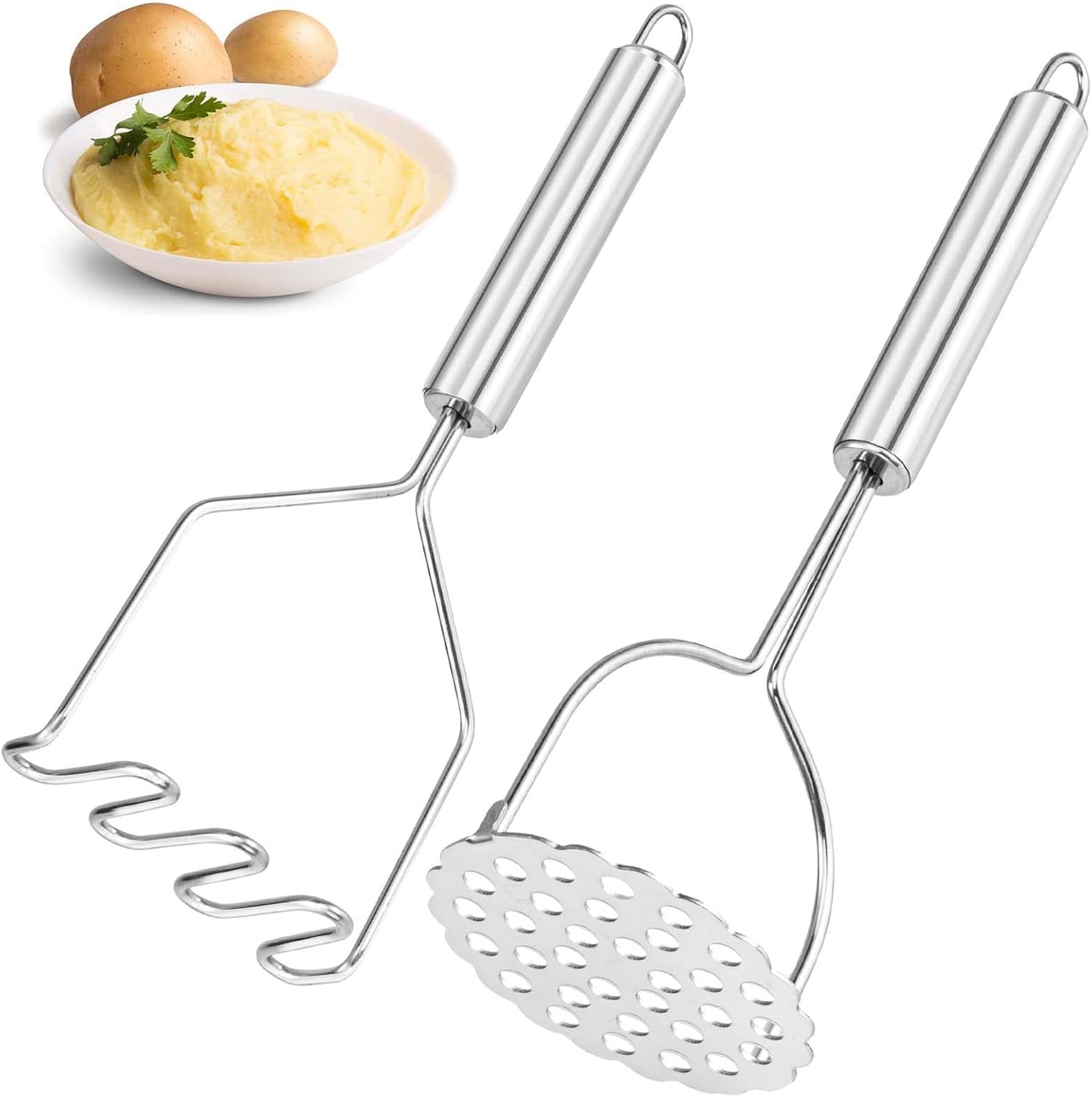 2 Pcs Potato Smasher, Mashed Potato Masher, Stainless Steel Masher Kitchen Tool for Bean, Fruit, Vegetables, V1258-DP02-B-704