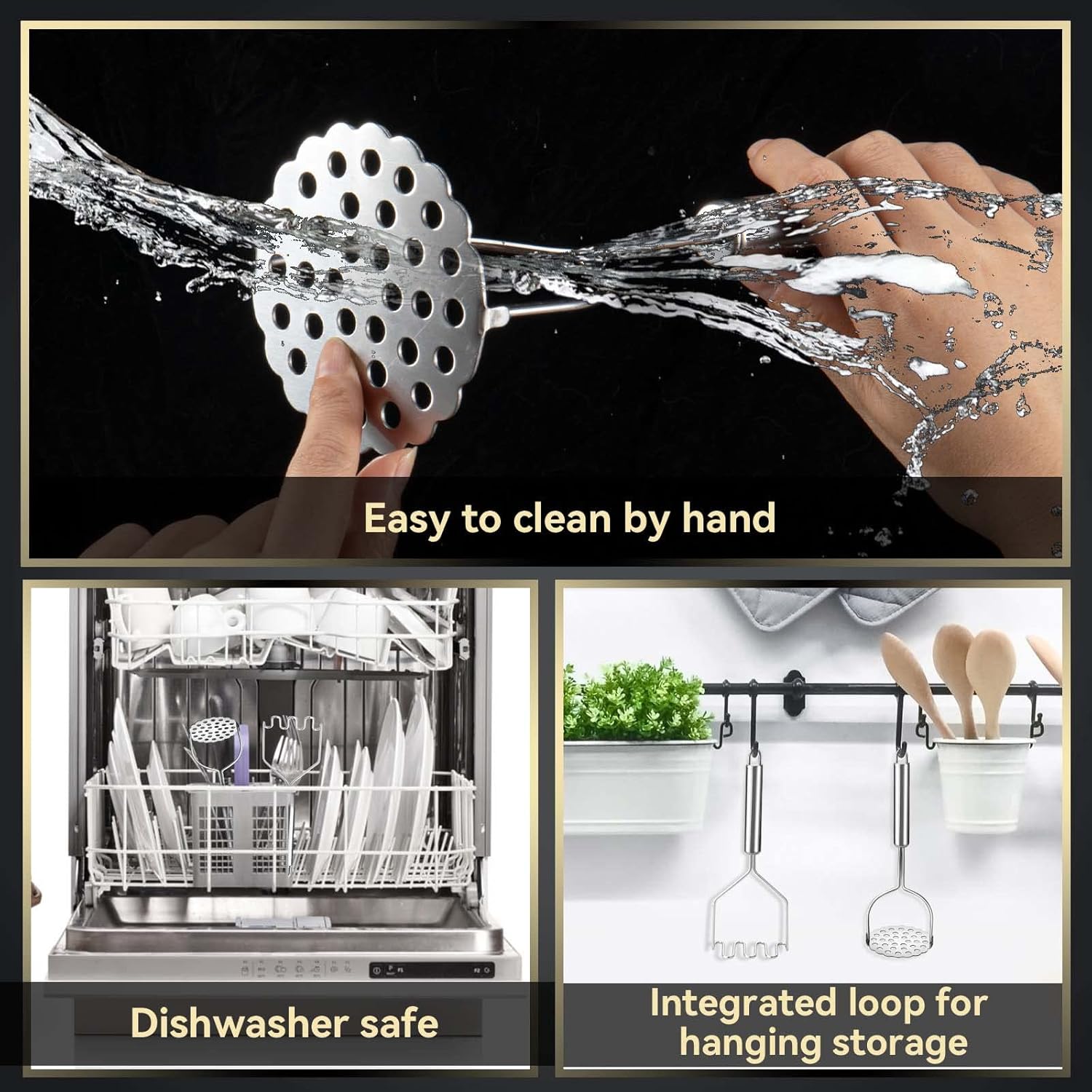 2 Pcs Potato Smasher, Mashed Potato Masher, Stainless Steel Masher Kitchen Tool for Bean, Fruit, Vegetables, V1258-DP02-B-704