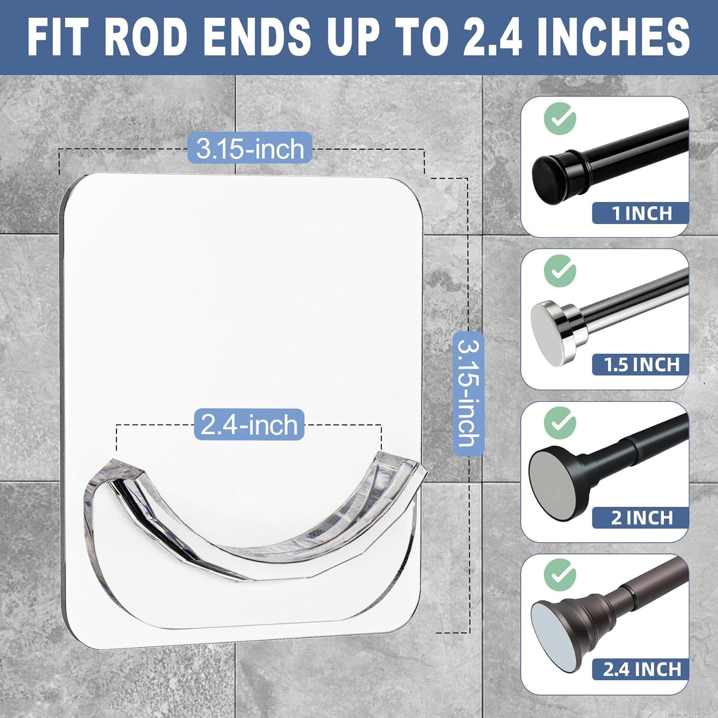 2 Pack Adhesive Curtain Rod Holders, No Drilling Shower Curtain Tension Rod Support Holder, Transparent Clear V1258-DP02-B-708