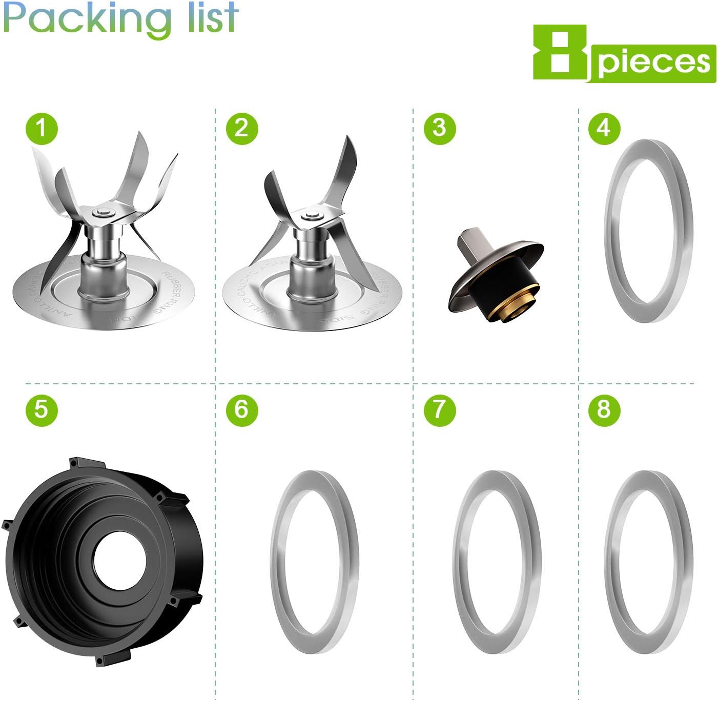 8 Pieces Replacement Part Ice Blades 4961 4980 Jar Bottom Cap 4902 Rubber Gaskets and Coupling Stud Slinger V1258-DP02-B-72