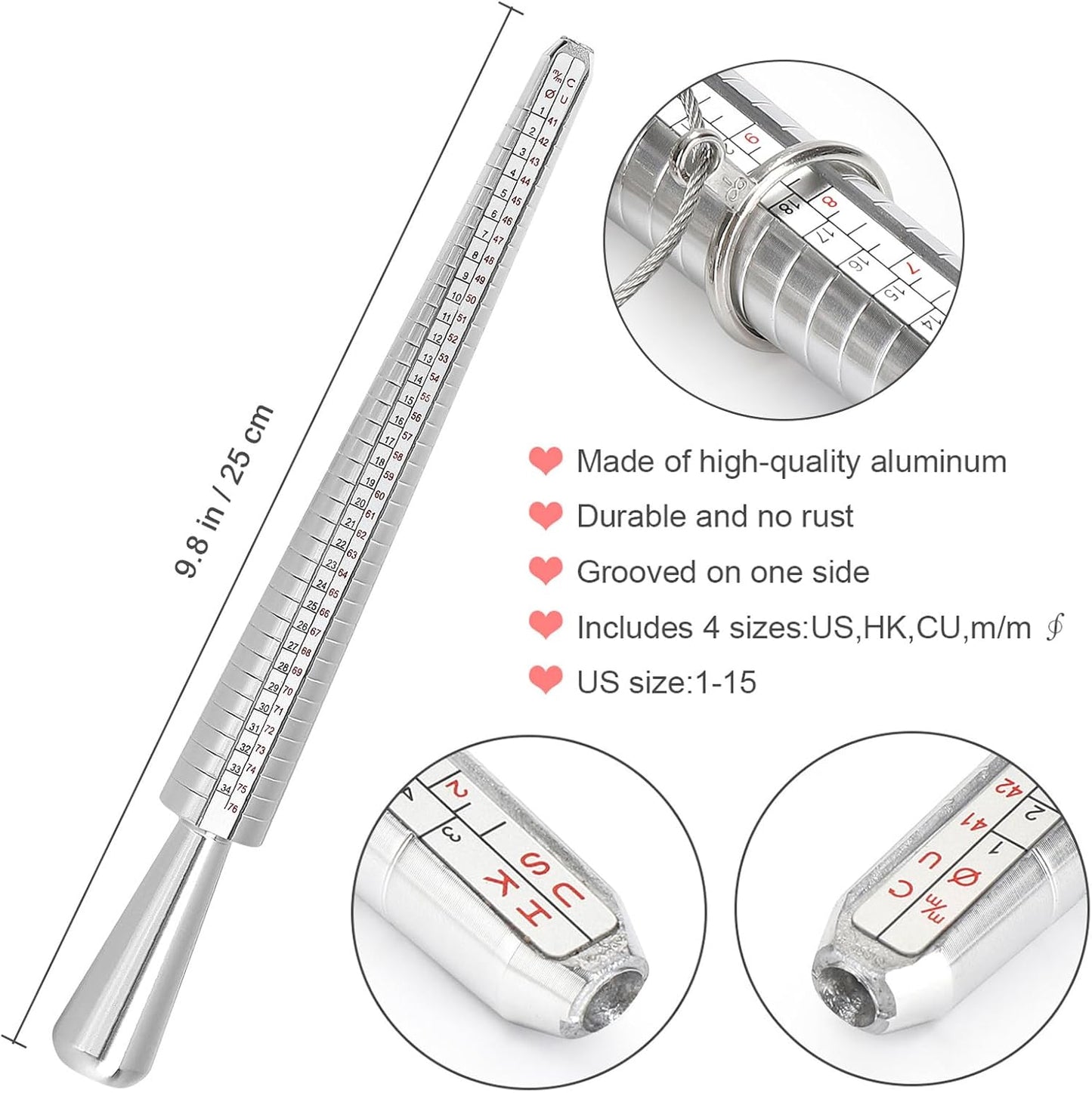Ring Sizer Tool Including Ring Mandrel & Ring Sizer Guage, 4 Sizes Ring Measurement Stick Metal Mandrel & V1258-DP02-B-722