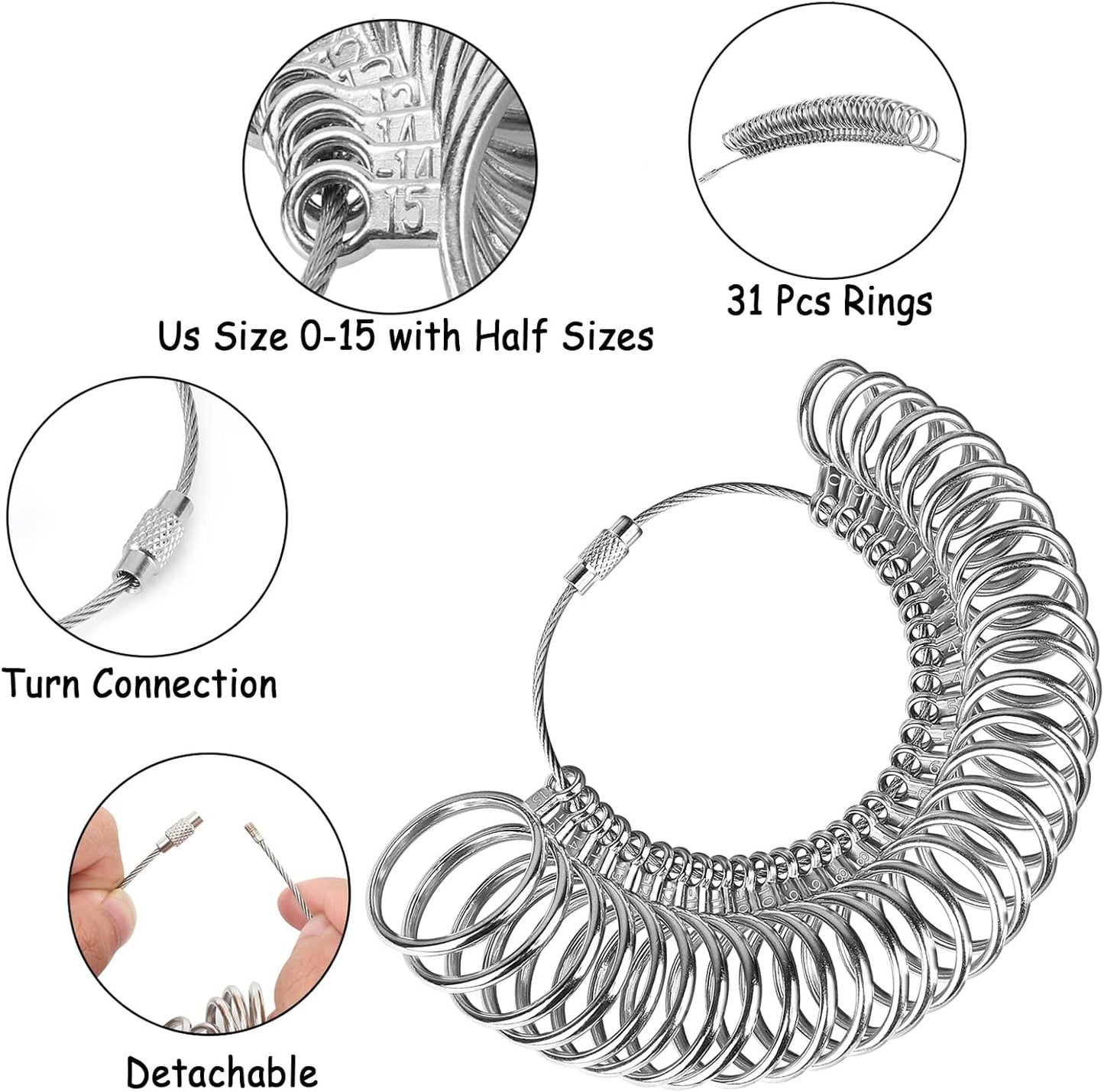Ring Sizer Tool Including Ring Mandrel & Ring Sizer Guage, 4 Sizes Ring Measurement Stick Metal Mandrel & V1258-DP02-B-722