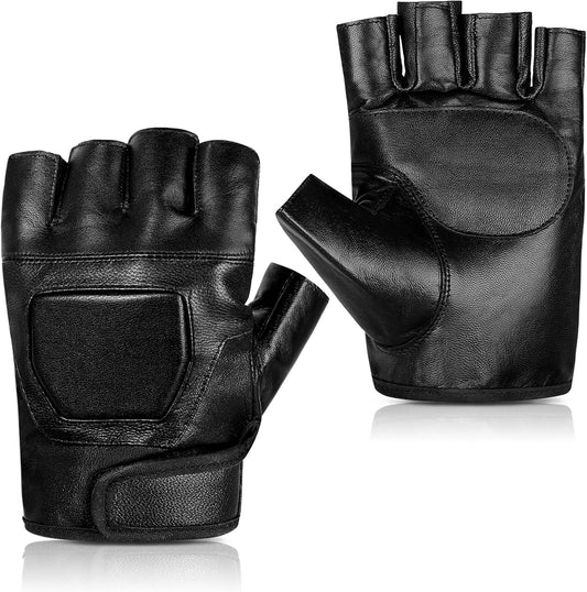 Genuine Leather Cycling Fingerless Gloves, Outdoor Driving Motorcycle Sport Half Finger Glove for Men Women V1258-DP02-B-726