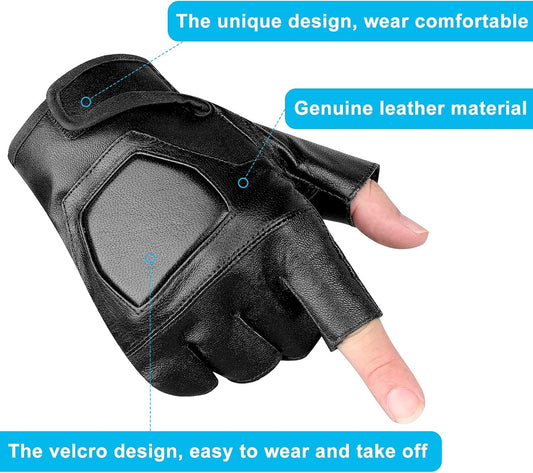 Genuine Leather Cycling Fingerless Gloves, Outdoor Driving Motorcycle Sport Half Finger Glove for Men Women V1258-DP02-B-726