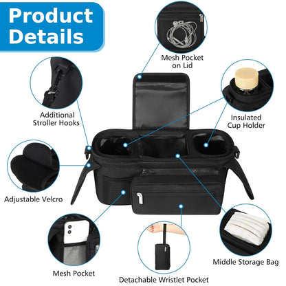 Universal Stroller Organizer with Insulated Cup Holder Detachable Phone Bag and Shoulder Strap,Stroller Bag V1258-DP02-B-729