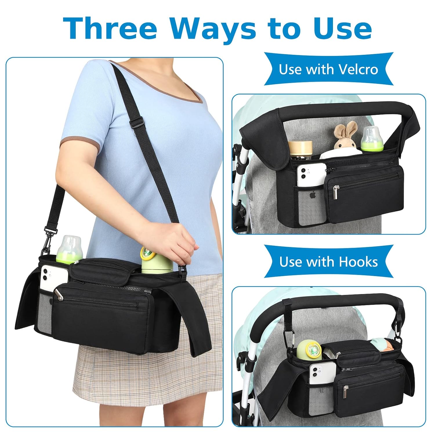 Universal Stroller Organizer with Insulated Cup Holder Detachable Phone Bag and Shoulder Strap,Stroller Bag V1258-DP02-B-729