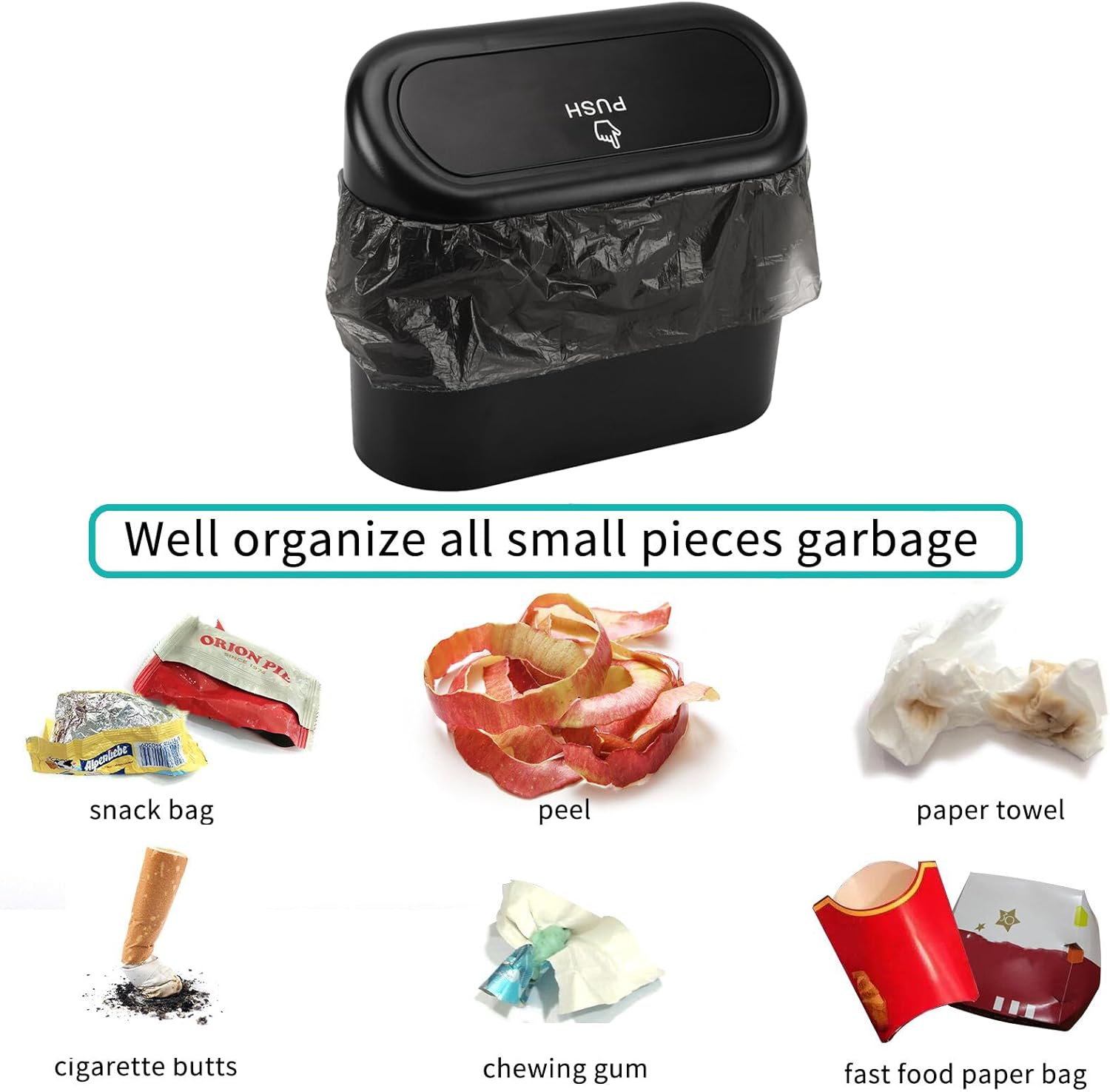 Car Trash Can with Lid, Mini Auto Dustbin Garbage Organizer with 30 Pcs Plastic Trash Bag, Automotive Garbage V1258-DP02-B-733