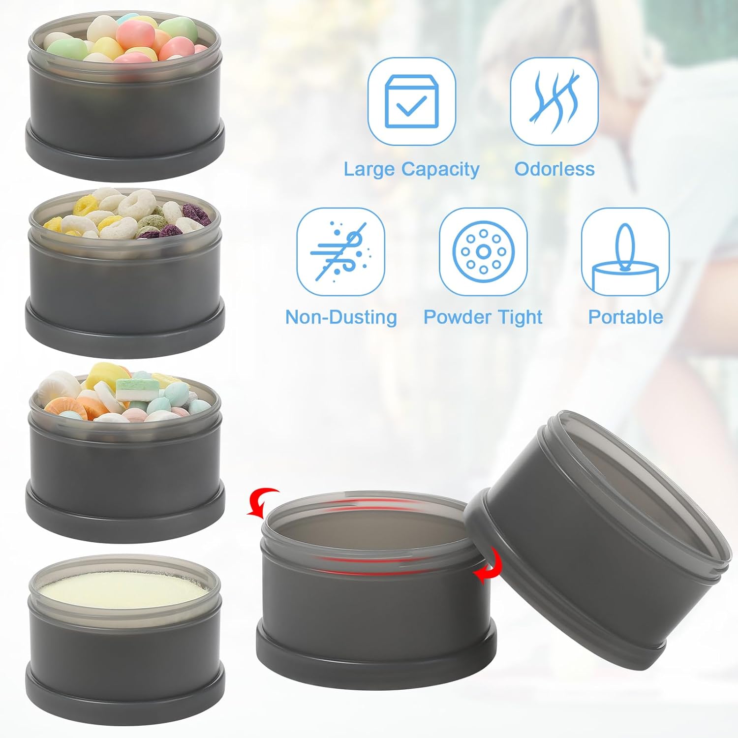 2 Pcs Protein Powder Container to Go with Funnels Stand, 4 Compartments Stackable Protein Powder Dispenser V1258-DP02-B-746