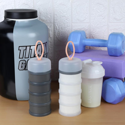 2 Pcs Protein Powder Container to Go with Funnels Stand, 4 Compartments Stackable Protein Powder Dispenser V1258-DP02-B-746