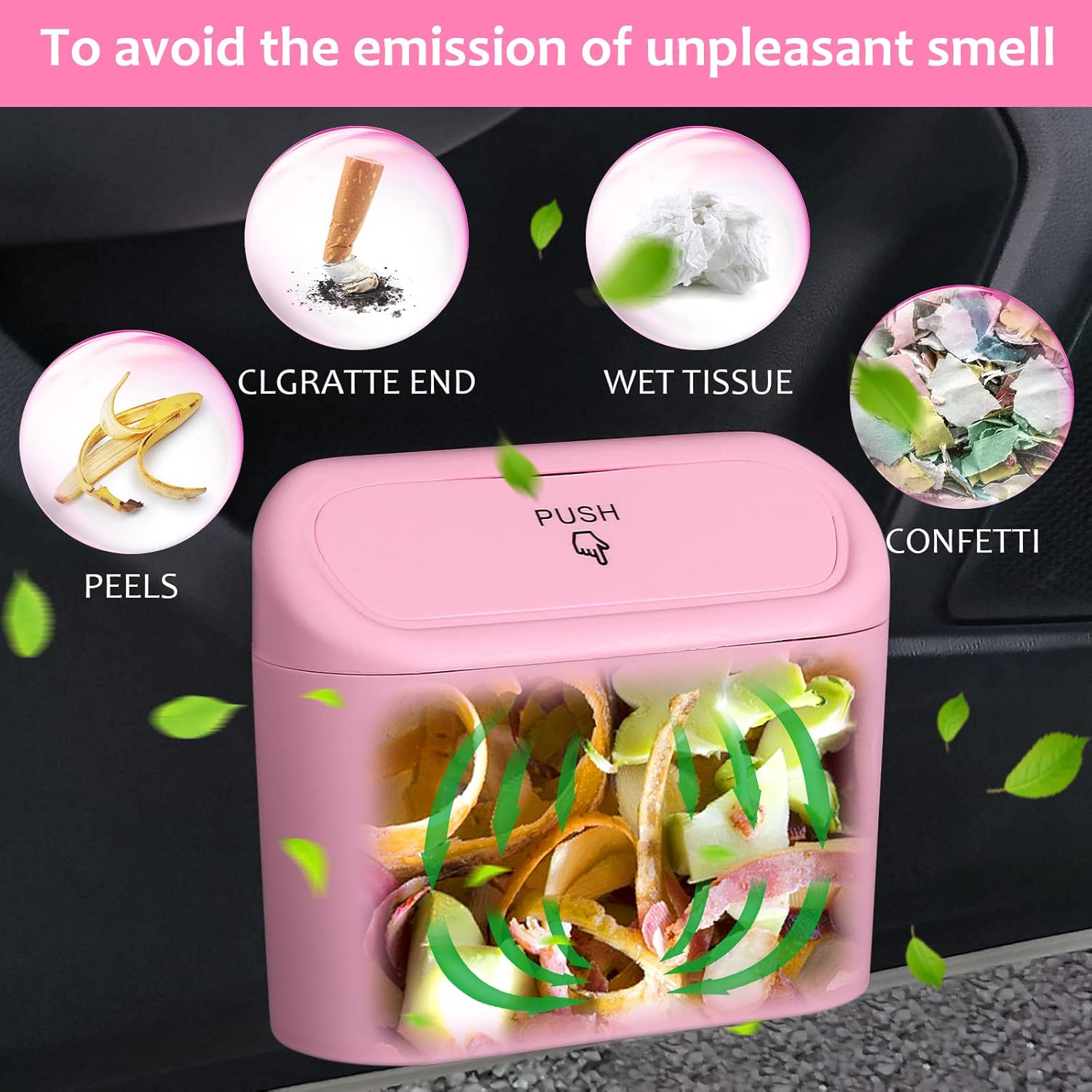 Car Trash Can with Lid, Leakproof Vehicle Garbage Organizer Holder Bin with 60 Pack Trash Bags, Mini Auto V1258-DP02-B-747