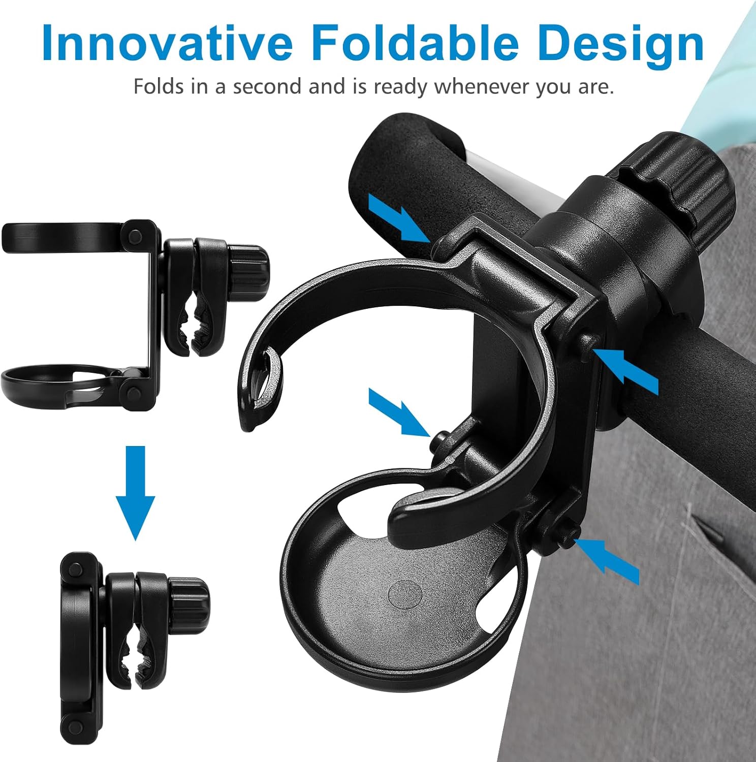 Stroller Cup Holder, Foldable Universal Cup Holder, 360 degrees Rotatable Bottle Holder for Stroller, Bike, V1258-DP02-B-767