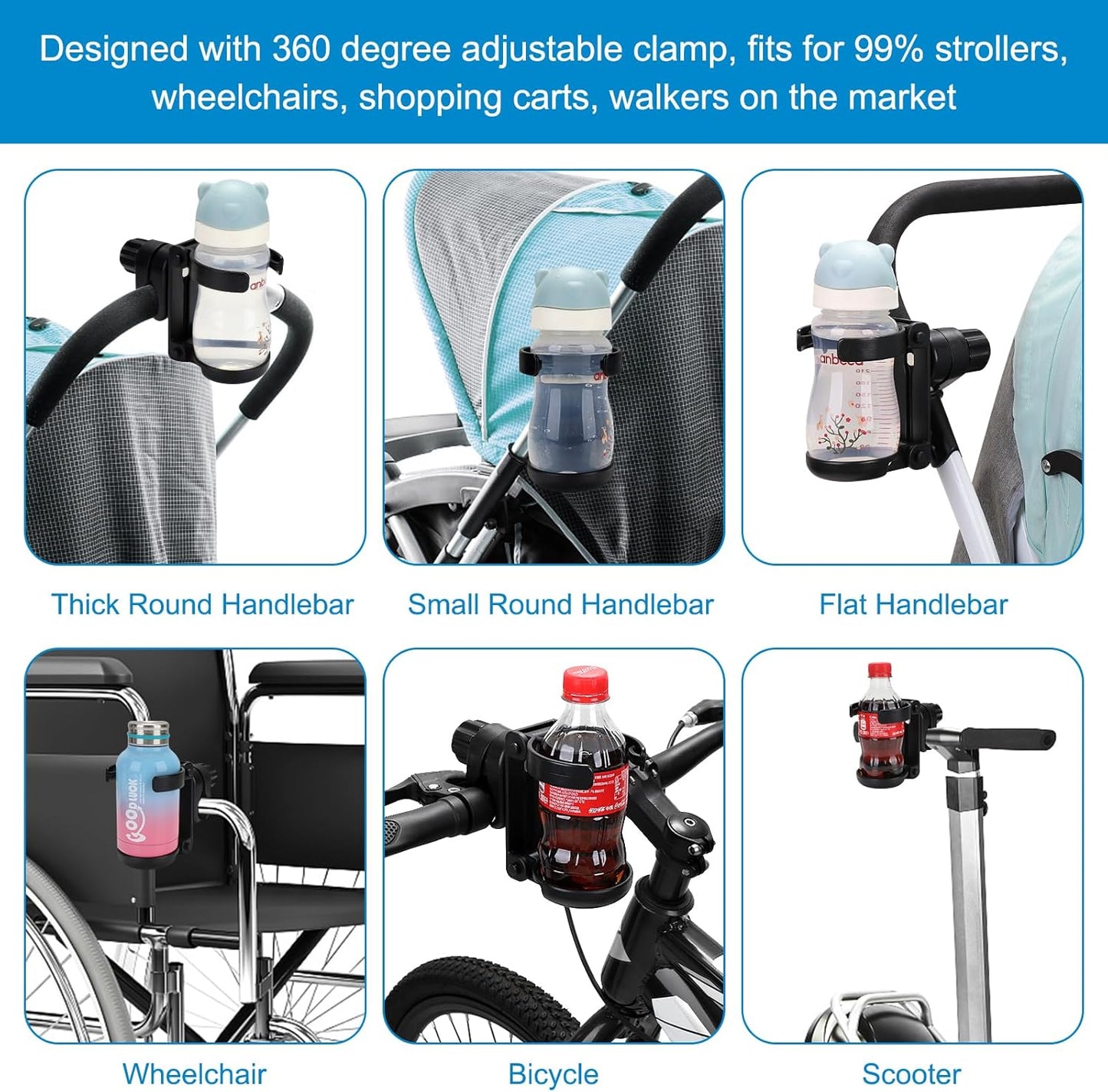 Stroller Cup Holder, Foldable Universal Cup Holder, 360 degrees Rotatable Bottle Holder for Stroller, Bike, V1258-DP02-B-767