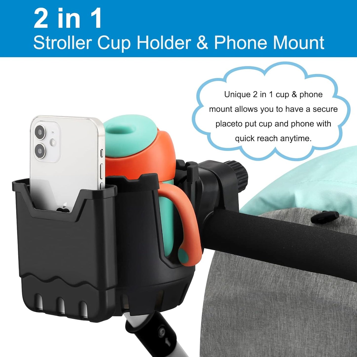 Stroller Cup Holder with Phone Holder, Universal Cup Holder, 2-in-1 Cup Phone Holder for Stroller, Bike, V1258-DP02-B-773
