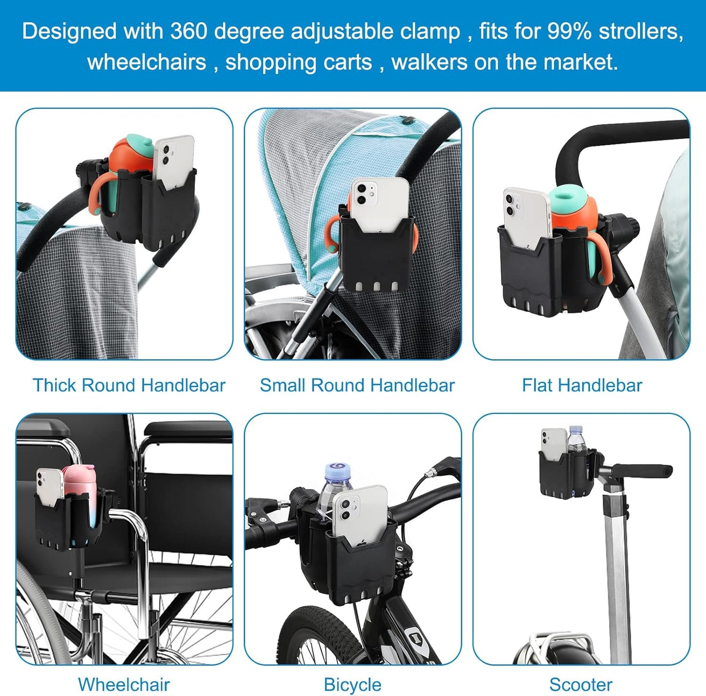 Stroller Cup Holder with Phone Holder, Universal Cup Holder, 2-in-1 Cup Phone Holder for Stroller, Bike, V1258-DP02-B-773