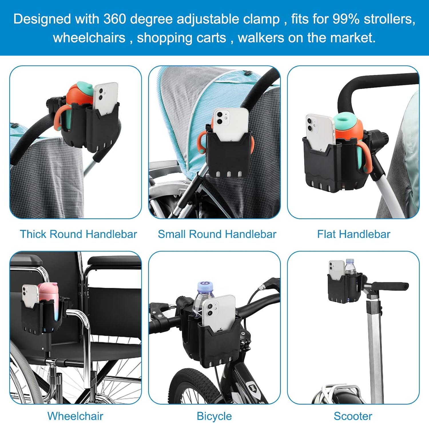 Stroller Cup Holder with Phone Holder, Universal Cup Holder, 2-in-1 Cup Phone Holder for Stroller, Bike, V1258-DP02-B-773