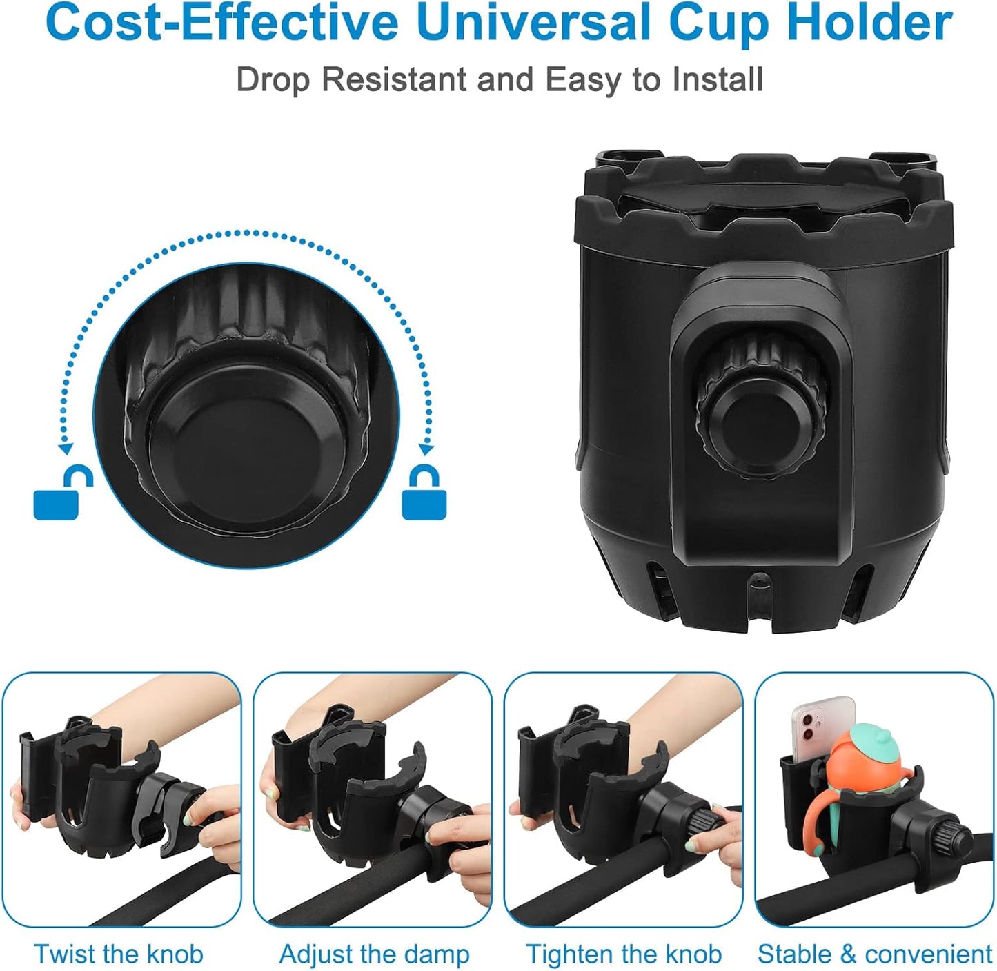 Stroller Cup Holder with Phone Holder, Universal Cup Holder, 2-in-1 Cup Phone Holder for Stroller, Bike, V1258-DP02-B-773