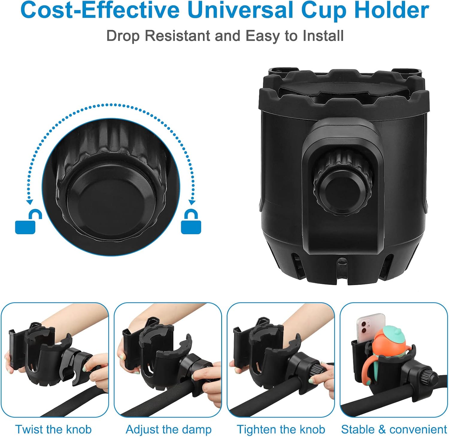 Stroller Cup Holder with Phone Holder, Universal Cup Holder, 2-in-1 Cup Phone Holder for Stroller, Bike, V1258-DP02-B-773