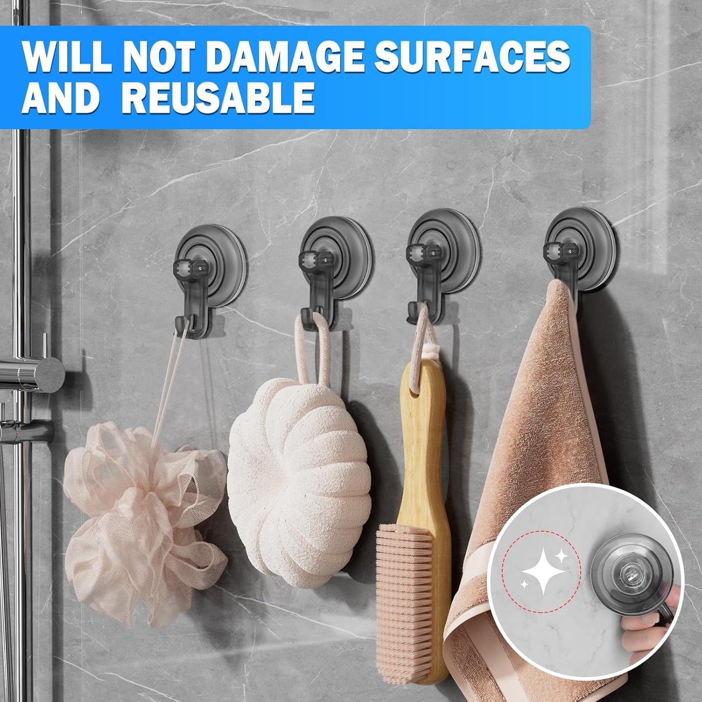 Suction Cup Hooks for Shower, Powerful Vacuum Shower Hook for Towel, Robe, Loofah - Reuseable and Removeable V1258-DP02-B-814