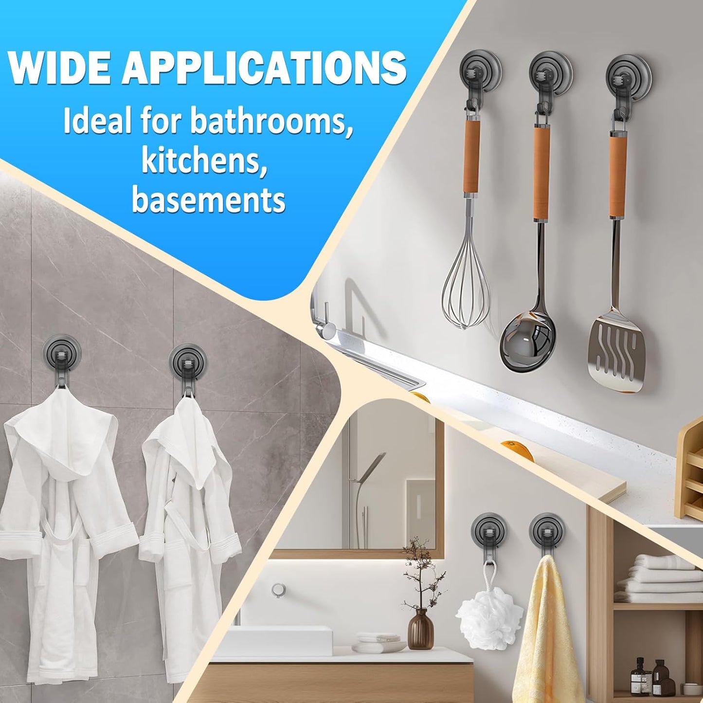 Suction Cup Hooks for Shower, Powerful Vacuum Shower Hook for Towel, Robe, Loofah - Reuseable and Removeable V1258-DP02-B-814