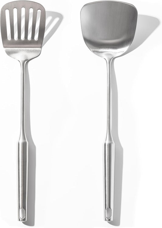 18/10 Stainless Steel Spatula Set - 15" Metal Spatulas for Kitchen Use, 1 Slotted Spatula + 1 Solid Turner, V1258-DP02-B-836