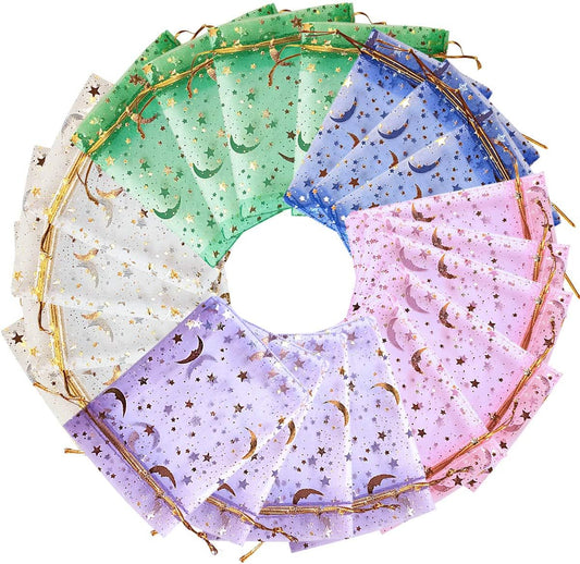 100Pcs Moon Star Organza Jewelry Candy Pouch, Gift Bags Pouches for Wedding Party Valentine's Day (Mixed V1258-DP02-B-841