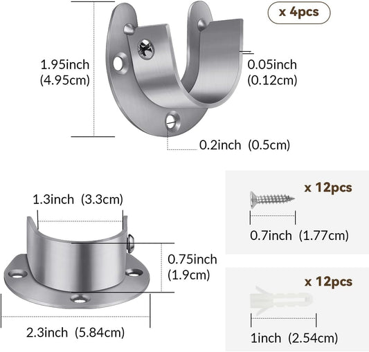 4 Packs Stainless Steel Wardrobe Bracket U-Shaped Rod Socket Flange 1-1/4" Diameter Heavy Duty Closet Rod V1258-DP02-B-843