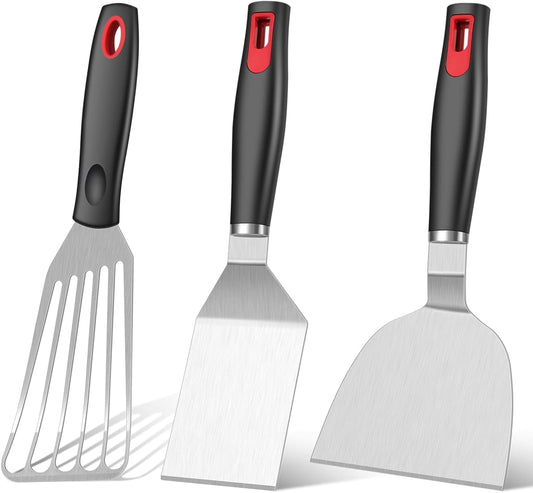Spatula Set Stainless Steel Kitchen Metal Spatula for Cast Iron Skillet with Silicone Handle, Fish Spatula V1258-DP02-B-86