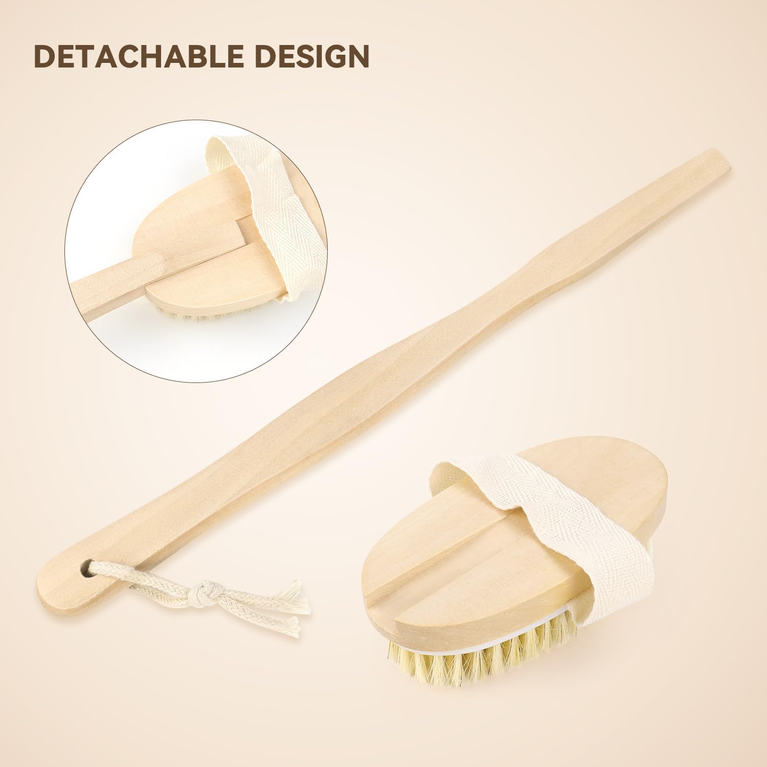 2 Pack Detachable Bath Bristle Brush, Wood Long Handle Dry Brushing Body Brush for Shower V1258-DP02-B-872