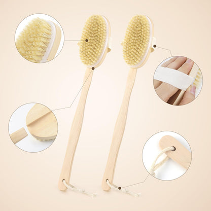 2 Pack Detachable Bath Bristle Brush, Wood Long Handle Dry Brushing Body Brush for Shower V1258-DP02-B-872