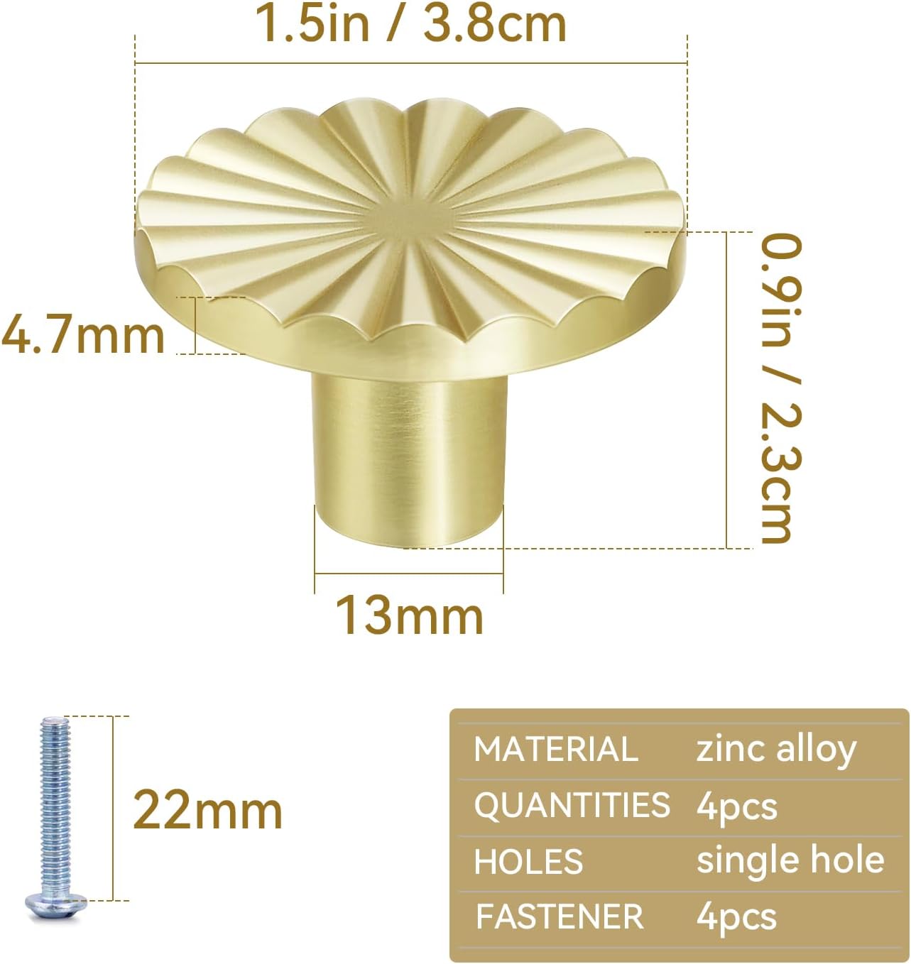 4 Pack Cabinet Knobs Zinc Alloy Solid Kitchen Cabinet Pulls Brushed Gold Drawer Knobs Dresser Cabinet Handles V1258-DP02-B-879