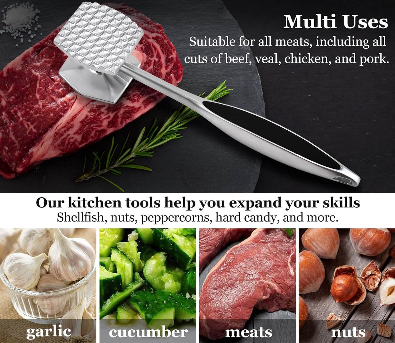 Meat Tenderizer Hammer Tool Pounder For Tenderizing Steak Beef Poultry, Heavy Duty Dual-Sided Mallet with V1258-DP02-B-882