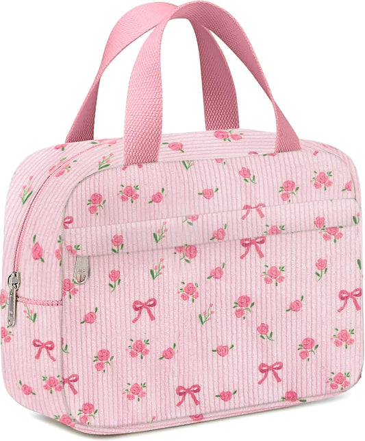 Small Makeup Bag for Purse Cute Corduroy Cosmetic Pouch with Zipper Travel Toiletry Bag for Women(Flower bow V1258-DP02-B-890