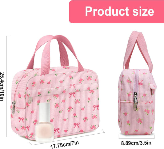 Small Makeup Bag for Purse Cute Corduroy Cosmetic Pouch with Zipper Travel Toiletry Bag for Women(Flower bow V1258-DP02-B-890