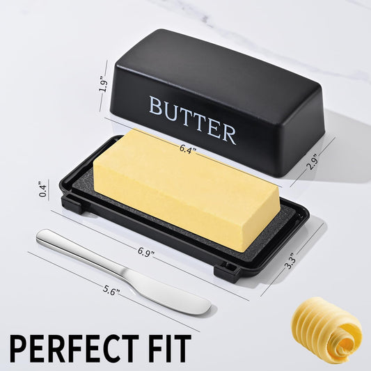 Butter Dish With Cover And Knife,Food Grade Plastic Butter Holder With Lid For Countertop,Black Dishwasher V1258-DP02-B-898
