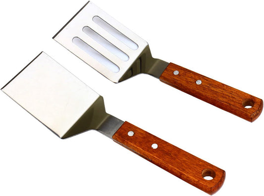 2 PCS Metal Spatula for Cast Iron Skillet, Stainless Steel Grill Spatula Slotted Turner Fish with Wood Handle V1258-DP02-B-90