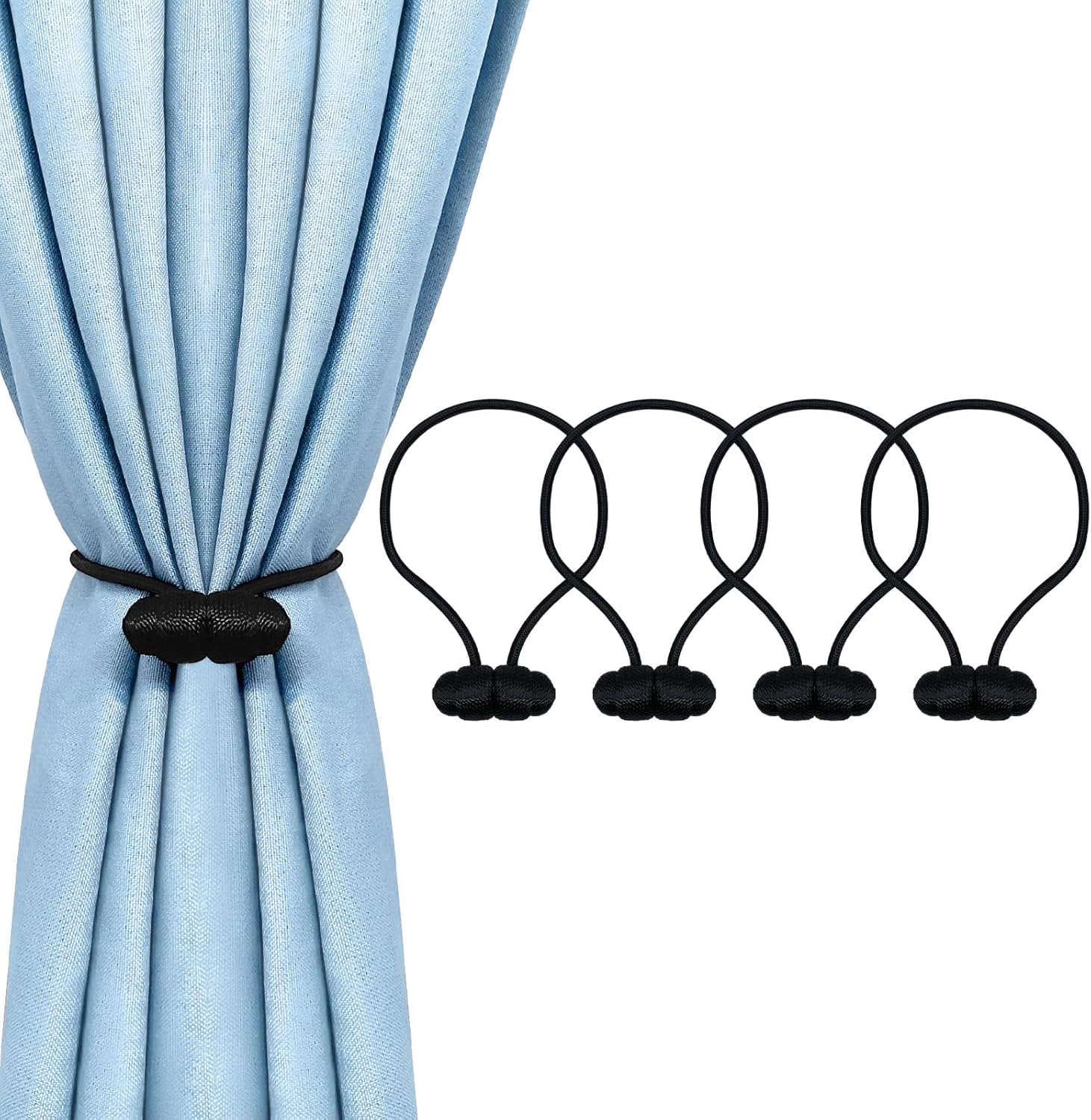 Black Magnetic Curtain Tiebacks - 4pcs Decorative Curtain Tie Backs, No Drill Closure Drapery Tiebacks V1258-DP02-B-917