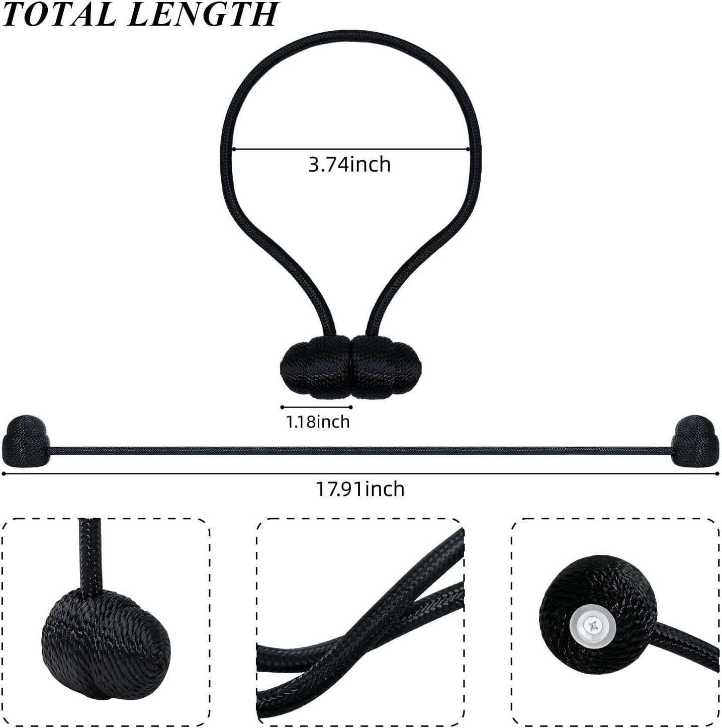 Black Magnetic Curtain Tiebacks - 4pcs Decorative Curtain Tie Backs, No Drill Closure Drapery Tiebacks V1258-DP02-B-917