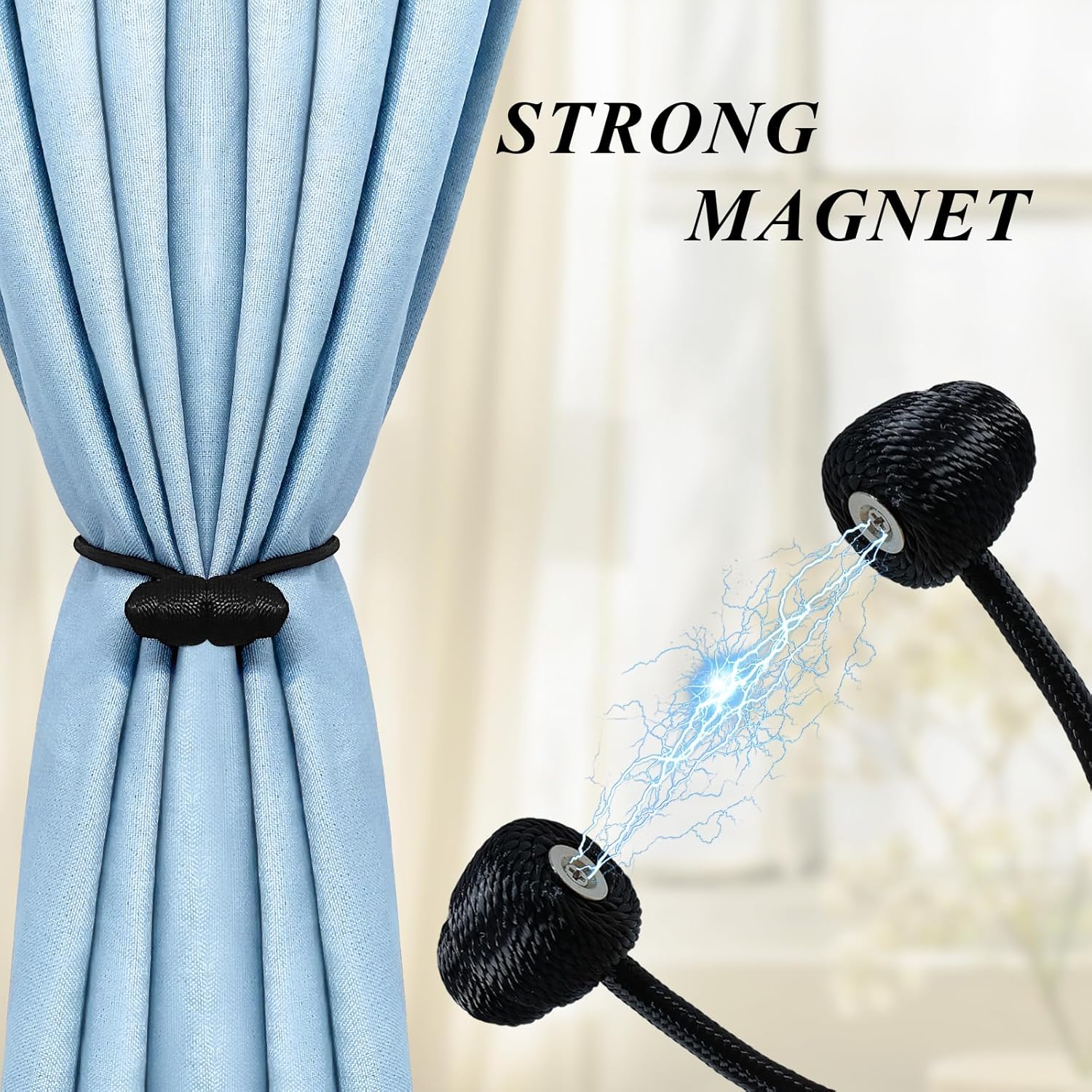 Black Magnetic Curtain Tiebacks - 4pcs Decorative Curtain Tie Backs, No Drill Closure Drapery Tiebacks V1258-DP02-B-917
