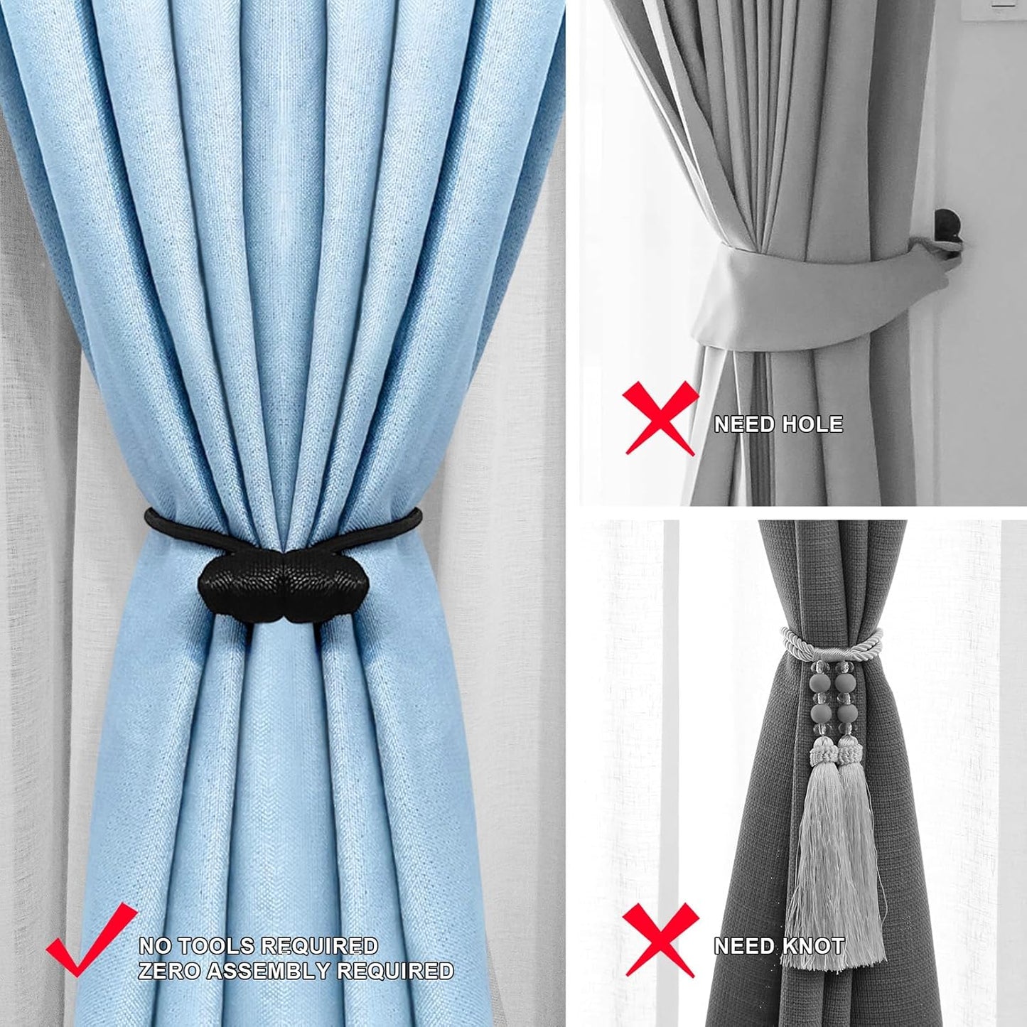 Black Magnetic Curtain Tiebacks - 4pcs Decorative Curtain Tie Backs, No Drill Closure Drapery Tiebacks V1258-DP02-B-917
