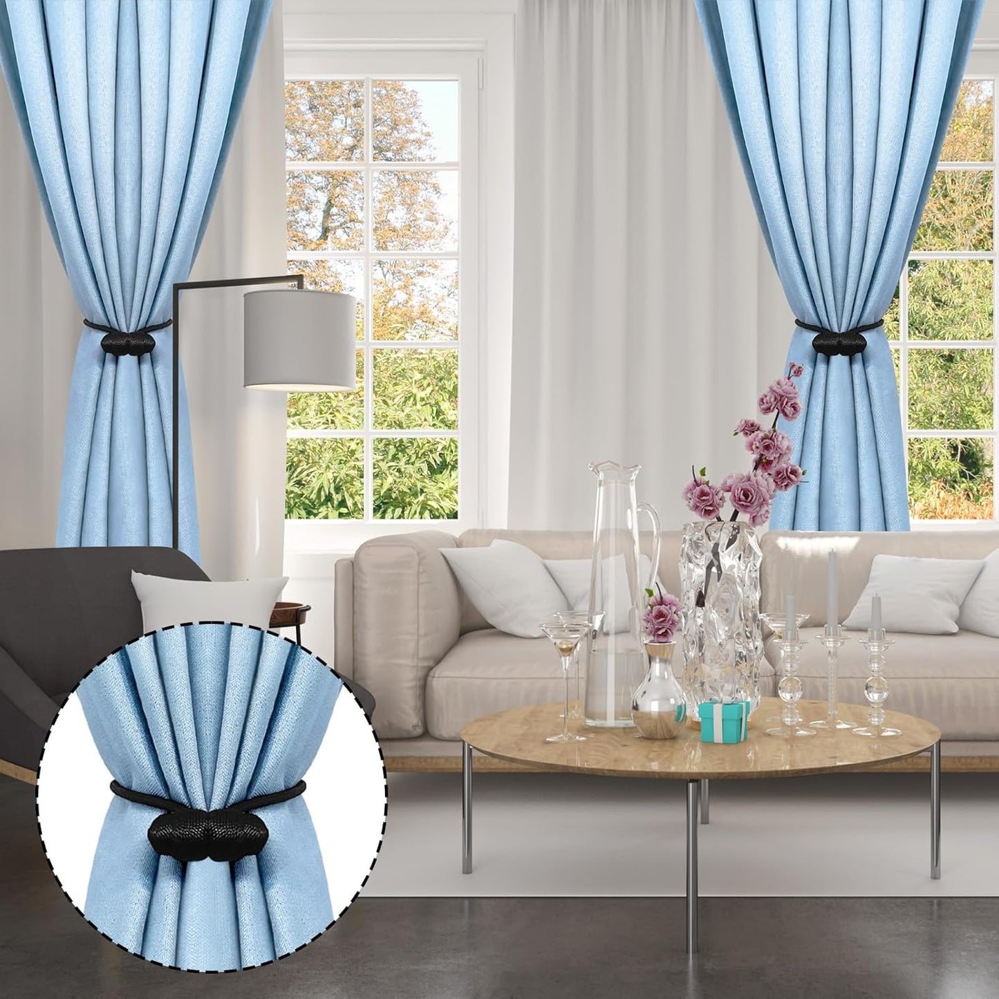 Black Magnetic Curtain Tiebacks - 4pcs Decorative Curtain Tie Backs, No Drill Closure Drapery Tiebacks V1258-DP02-B-917