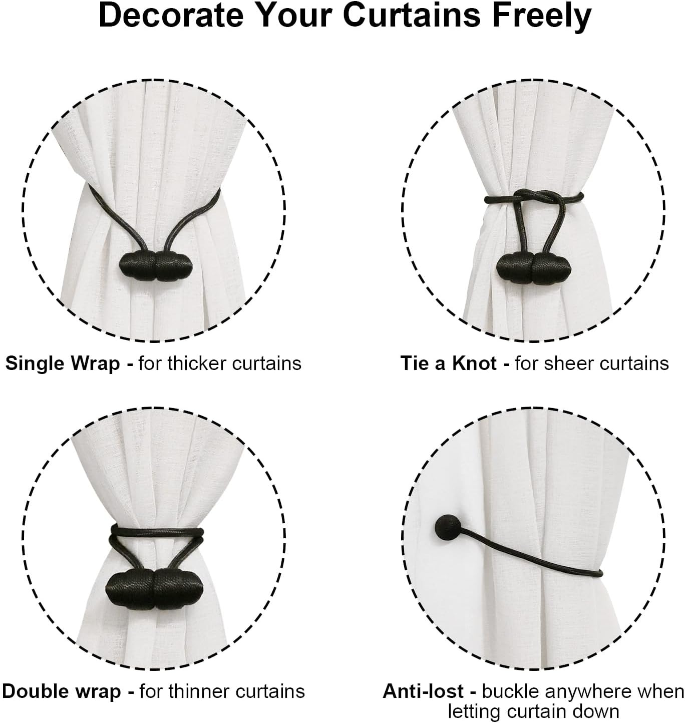 Black Magnetic Curtain Tiebacks - 4pcs Decorative Curtain Tie Backs, No Drill Closure Drapery Tiebacks V1258-DP02-B-917